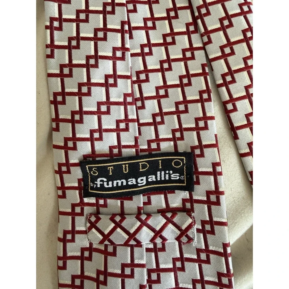 Studio by Fumagalli 100% Silk Necktie Red White Geometric USA Made Designer Tie